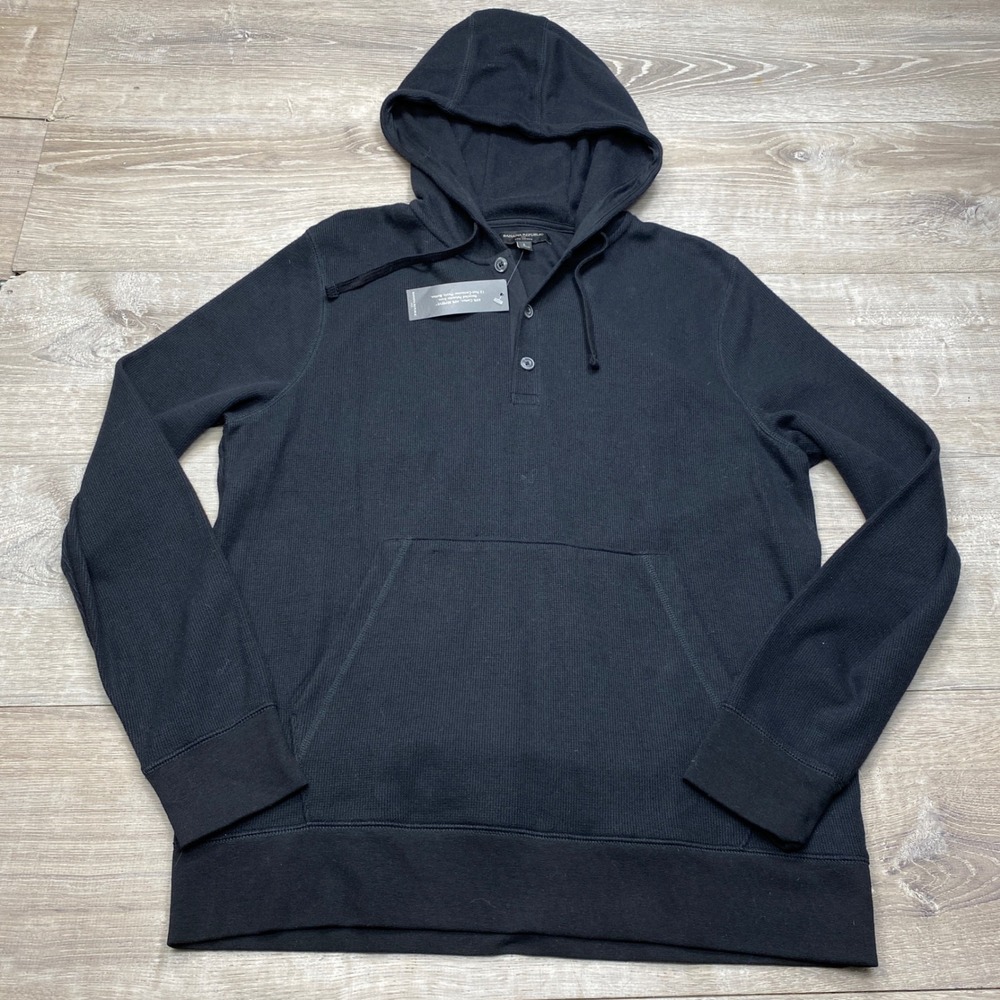 Banana Republic Eco Hoodie Mens Large Black Waffle Knit‎ Henley Pullover 761779